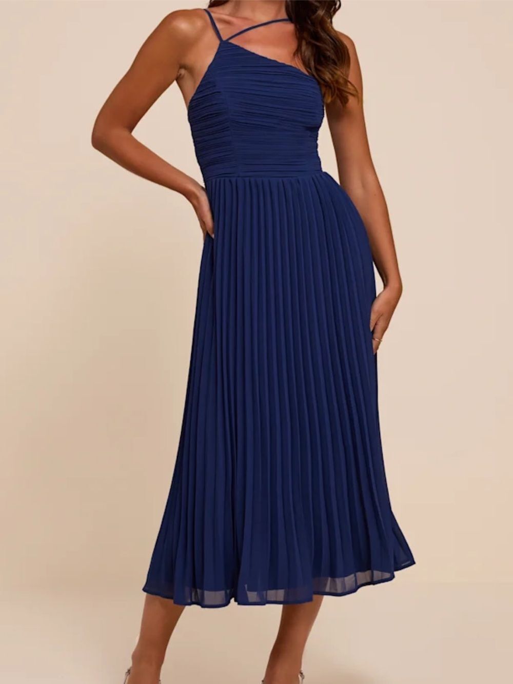 Lulus Wondrous Muse Dark Blue Navy Pleated One Shoulder Midi Dress NWT Small